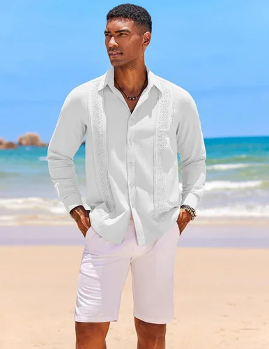 Vista 3 de COOFANDY Camisas de guayabera cubana para hombre, de manga larga, informal, con botones, de algodón, para la playa