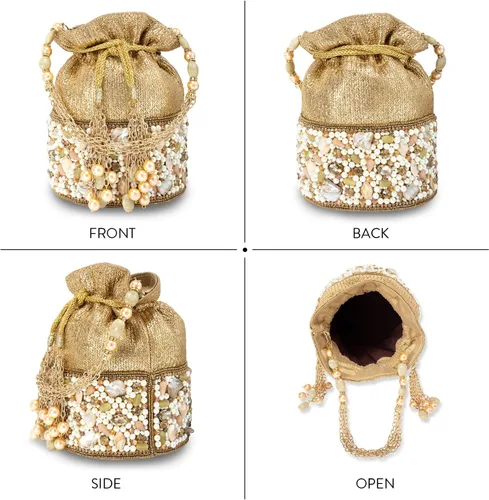Vista 4 de Aheli Bolsas indias Potli para mujer, bolsa de noche, bolso de mano étnico para novia con cordón, regalo para el día de la madre para mamá, dorado 1