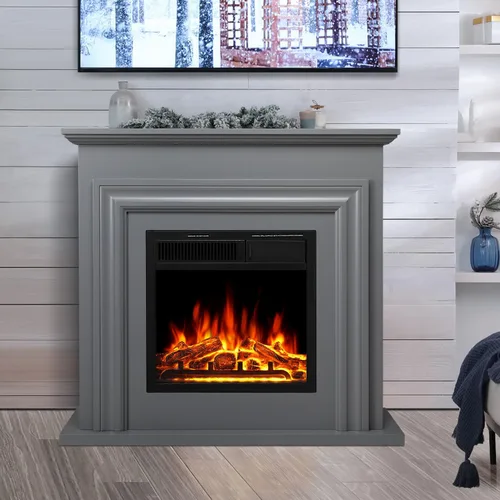 Vista 10 de R.W.FLAME Chimenea eléctrica con chimenea envolvente de madera, soporte de TV negro de 36 pulgadas con chimenea eléctrica independiente, control