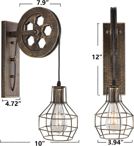 Vista 5 de 1 Luminaria Industrial de Mediados de Siglo Retro de Hierro para Pared con Polea Elevadora, Lámpara de Pared que Presenta Pantalla de Jaula