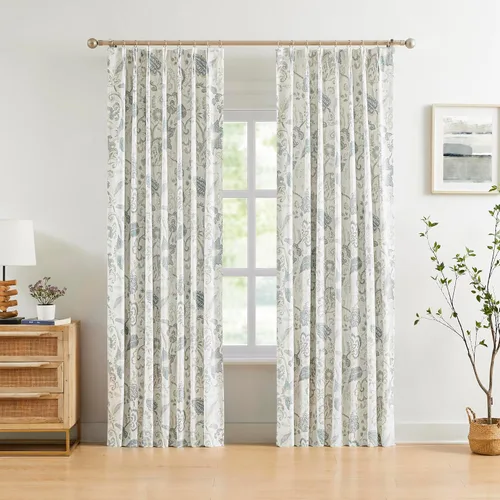 Vista 2 de Kayne Studio Paneles de cortina 100% opaca azul gris con estampado de hojas botánicas, cortinas florales de estilo granja para sala de estar y Azul