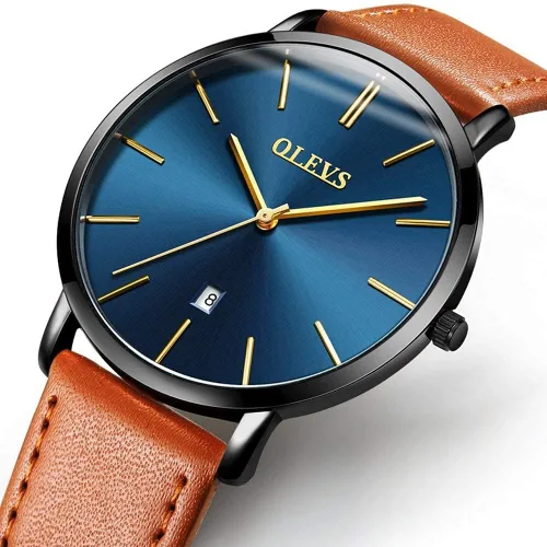 Vista 4 de OLEVS Reloj para hombre, de lujo, ligero, de cuero, impermeable, con movimiento japonés, para hombre, con fecha, calendario, minimalista, ultrafino