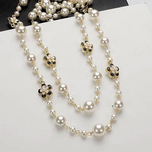Vista 6 de Diseño de moda elegante largo imitación trébol flor collar de perlas para las mujeres, Perla, Perla