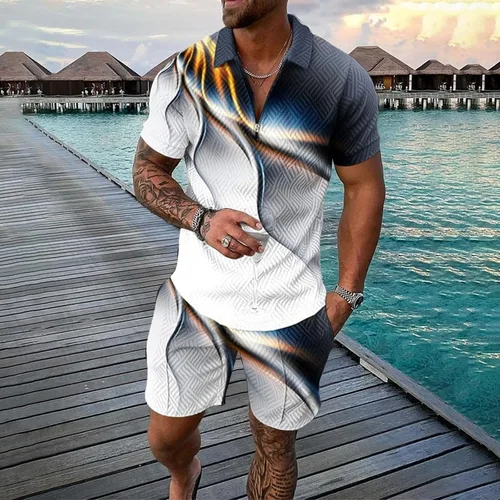 Vista 2 de AUGETY Traje de manga corta 3D para hombre, pantalones cortos de playa tropical hawaianSS cuerpo pantalones cortos deportivos traje deportivo traje