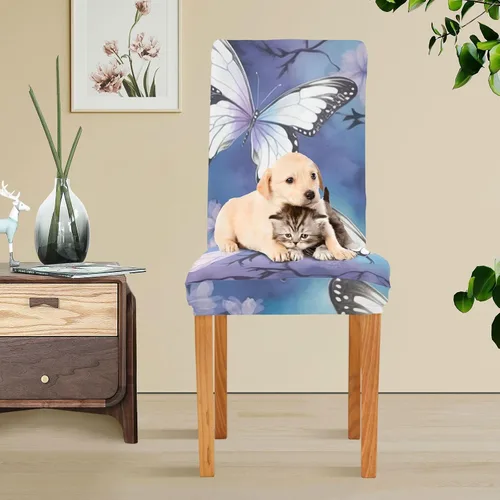 Vista 6 de Juego de 2 fundas para sillas de comedor con diseño de mariposas, elásticas, extraíbles y lavables, de elastano, para decoración de restaurantes