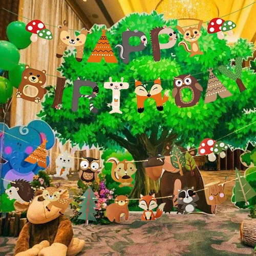 Vista 3 de Decoraciones de fiesta de bosque, pancarta de feliz cumpleaños con guirnalda de banderines de animales del bosque para niños y niñas, suministros