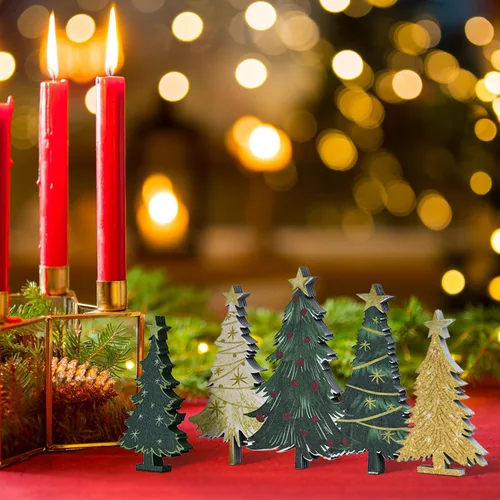 Vista 4 de 3 carteles de árboles de Navidad con bloques de madera de sonrisa Decoraciones de bandeja escalonada de nieve, para estante de mesa para el hogar
