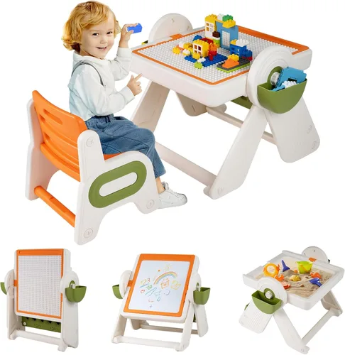 Vista 10 de Costzon Juego de mesa y silla 6 en 1 para niños, caballete de arte plegable con marcadores, borrador, 102 ladrillos compatibles, mesa de bloques