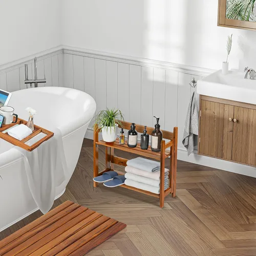 Vista 5 de VaeFae Estantes flotantes de madera de teca para baño, soporte de pared plegable de madera, 2 estantes