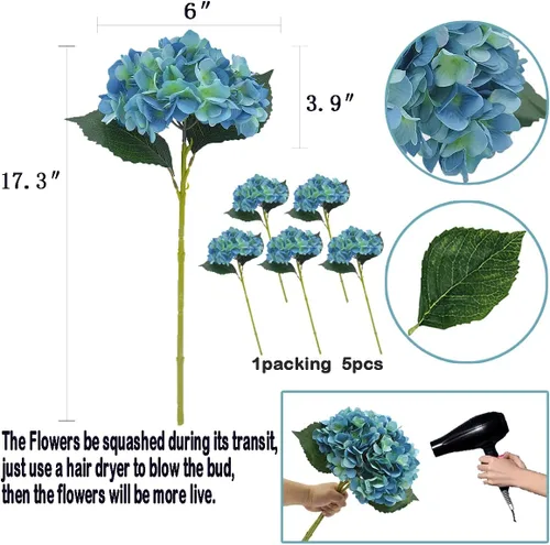 Vista 2 de 5 piezas de flores artificiales falsas, hortensias de seda, 1 arreglos de cabeza de flor, ramos de boda, decoración floral de plástico, centros
