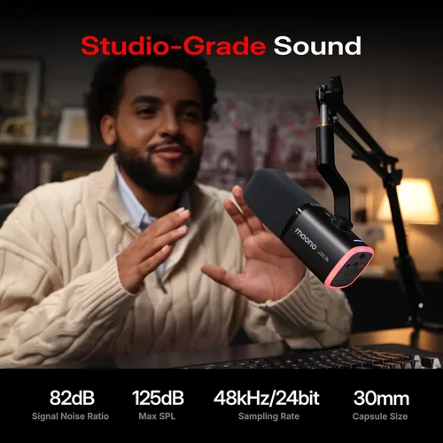 Vista 4 de MAONO - Micrófono dinámico USB inalámbrico PD100W, micrófono de PC para juegos con reducción de ruido de un solo clic, botón de silencio, RGB