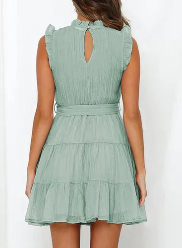 Vista 2 de FARYSAYS - Vestido corto sin mangas, con volados, cuello redondo y lazo en la cintura para mujer vestido casual corto con falda estilo campana