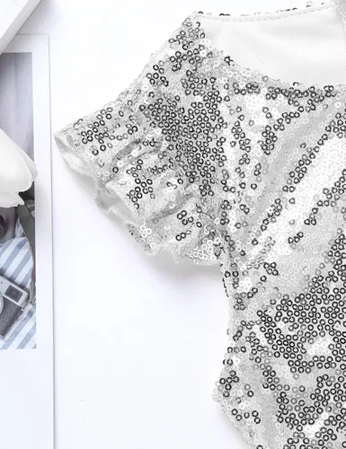 Vista 6 de YiZYiF - Camiseta de manga corta con volantes y lentejuelas brillantes para niñas y niñas