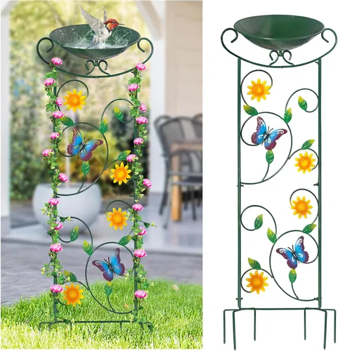 Vista 9 de HONGLAND Baño de metal para pájaros de 36.5 pulgadas con enrejado, baño para pájaros de jardín al aire libre con cuenco desmontable y soporte
