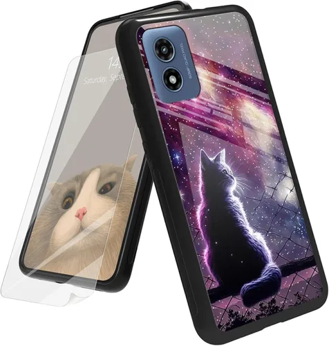 Vista 123 de Funda para Motorola Moto G Play 4G 2024 con protector de pantalla, parte trasera de vidrio templado + funda de silicona suave TPU absorción