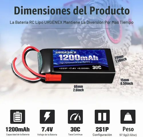 Vista 2 de Batería Lipo de 7.4 V con enchufe JST 2S 30C (60 C) batería de litio recargable de 1200 mAh compatible con UDIRC Cheewing y la mayoría de coches RC