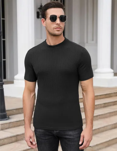 Vista 5 de TURETRENDY Men's Stretch Muscle T Shirts Short Sleeve Solid Color Knit Tees Casual Slim Fit Basic Shirt Tops