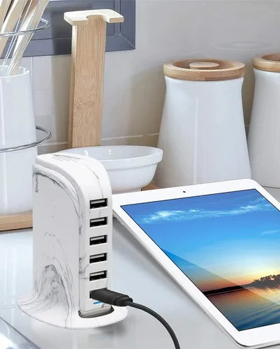 Vista 2 de Aduro Estación de carga de escritorio USB de 40 W, 6 puertos, cargador de pared para iPhone, iPad, tabletas, teléfonos inteligentes con flujo