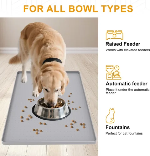 Vista 6 de Mofason Tapete impermeable para alimentos para mascotas, 24 x 16 pulgadas, grande, 0.5 pulgadas, borde elevado, mantel individual de silicona