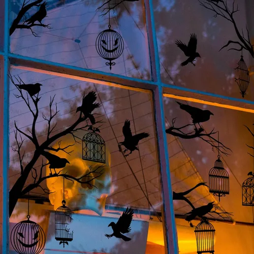 Vista 7 de AnyDesign Calcomanías para ventana de Halloween, 9 hojas de calcomanías de ventana de jaula de cuervo negro, de doble cara extraíble para fiesta