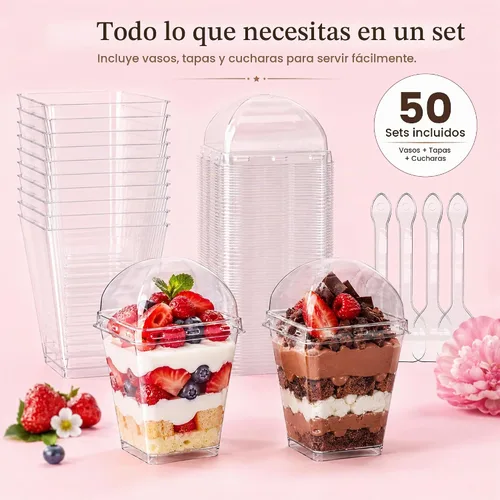 Vista 2 de YunKo - Paquete de 50 tazas de postre con tapas y cucharas de plástico