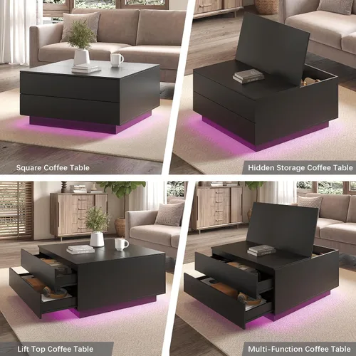 Vista 6 de HedoAjim Mesas de centro cuadradas con almacenamientos, moderna mesa de centro negra para sala de estar, mesas de centro de tapa abatible y 2
