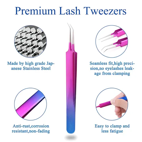 Vista 3 de Pinzas de pestañas aislantes para extensiones de pestañas de volumen, acero inoxidable de precisión profesional, color morado 6.89 x 1.5 x 0.79
