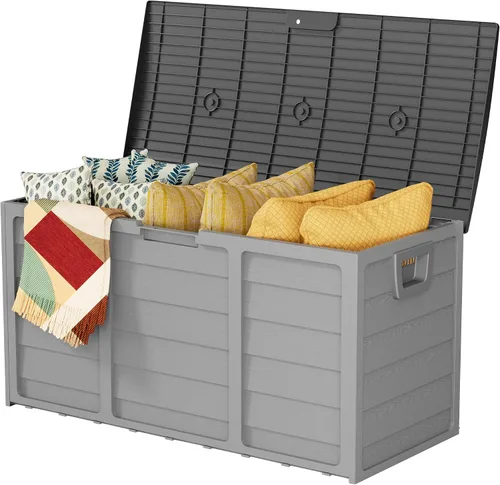 Vista 7 de Caja de almacenamiento para terraza al aire libre de 75 galones, resina resistente con tapa con cerradura, resistente a los rayos UV para muebles