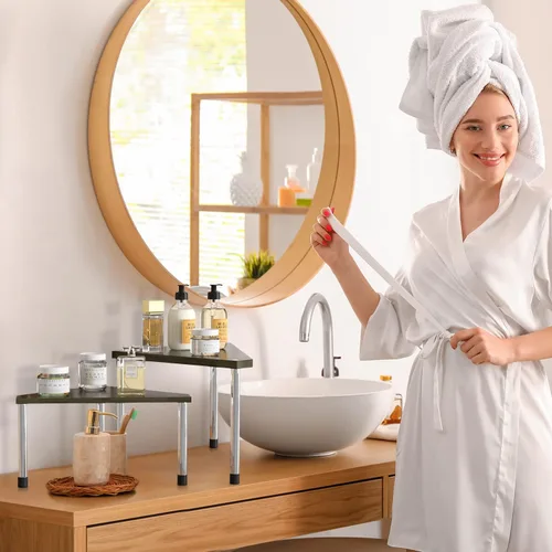Vista 4 de Weenson Organizador de Mostrador de Baño Estante de Esquina - Organizador de Baño de 2 Niveles Organización de Baño Estante de Bambú para Lavabo