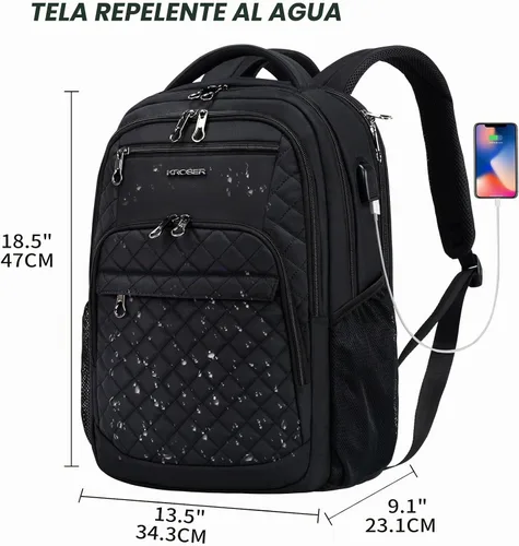 Vista 5 de KROSER Mochila de viaje para laptop, Acolchado, negro, 17 pulg., Moderno