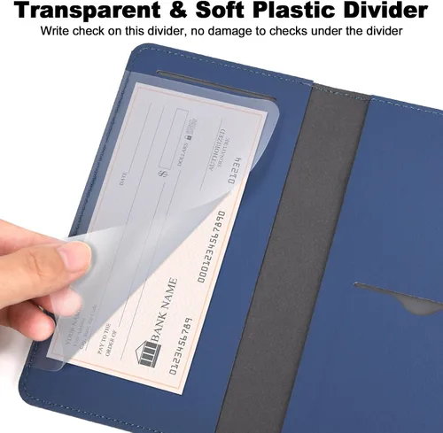 Vista 2 de RSAquar Funda para chequera personal, soporte para chequera con bloqueo RFID y divisor de plástico transparente integrado para cheques duplicados