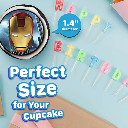 Vista 4 de 30 adornos comestibles para cupcakes con temática de Iron Man, colección de decoraciones comestibles para tartas, sin cortar comestibles en hoja