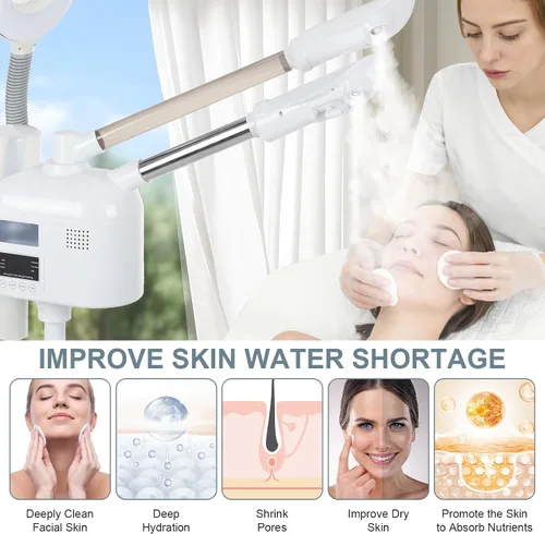 Vista 6 de VARIPOWDER Vaporizador facial profesional 3 en 1 para cara con boquilla caliente y fría, lámpara de aumento 5X, vaporizador facial para esteticista