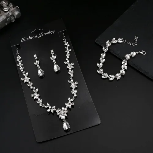 Vista 4 de FIBO STEEL Juego de joyas de diamantes de imitación, collar y pulsera para novia, dama de honor, boda, graduación, fiesta, joyería, Diamantes