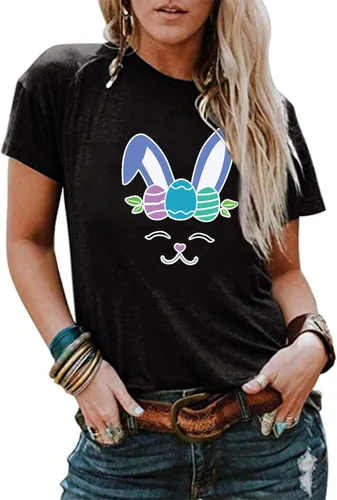 Vista 2 de FlekmanArt Womens Tunic Round Neck T Shirt Temperament Short Sleeve Blouses 2023 Summer Slim Fit Easter Printed Tops