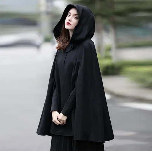 Vista 2 de Capa con capucha para mujer, capa de mezcla de lana, estilo vintage, talla grande, gabardina, para invierno