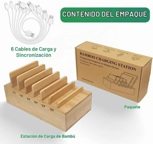 Vista 7 de Estación de carga de bambú para múltiples dispositivos, organizador de estaciones de acoplamiento de escritorio compatible con dispositivos iPhone