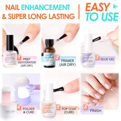 Vista 3 de Gellen kit de extensión de uñas en gel, kit de uñas en gel con 240 puntas de almendra, pegamento UV 3 en 1 para puntas de uñas, dehidratador