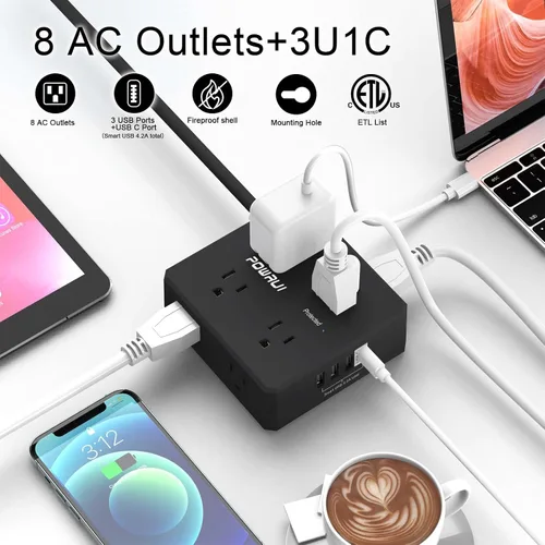 Vista 2 de Regleta protectora de sobretensiones – Cable de extensión de enchufe plano de 6 pies con 8 tomas amplias y 4 puertos USB (1 USB C), extensor de Negro