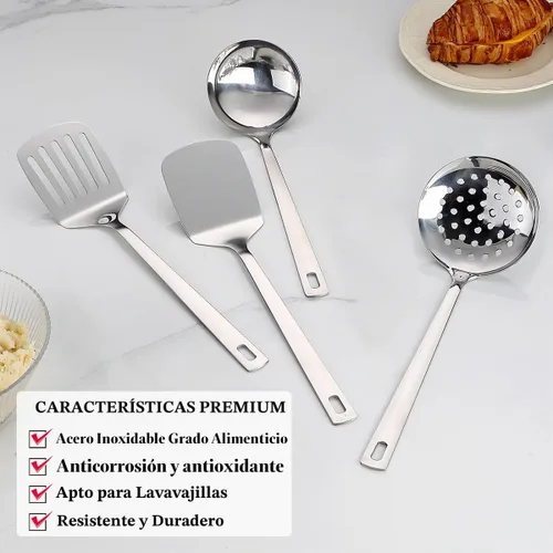 Vista 4 de Juego de utensilios de cocina de acero inoxidable, 4 piezas, espátula ranurada, espátula sólida, espumadera y cucharón, resistente al óxido, mango