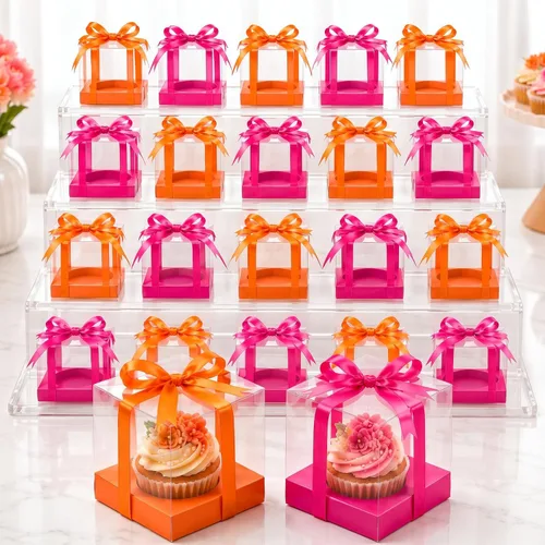 Vista 12 de Gerrii 100 Piezas Cajas Individuales de Plástico Transparente para Cupcakes de 3.5" Contenedores Individuales para Cupcakes Caja de Regalo de Dorado