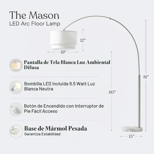 Vista 3 de Brightech Mason - Lámpara de pie de arco - Lámpara de pie de esquina moderna con pantalla de tambor colgante única para sala de estar - Luz curva