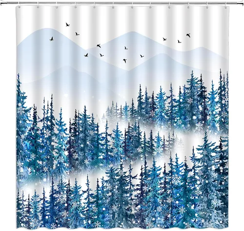 Vista 2 de Cortina de ducha de bosque brumoso, pino, acuarela, abstracta, selva, montaña, planta azul, rústico, misterioso, paisaje, decoración de baño