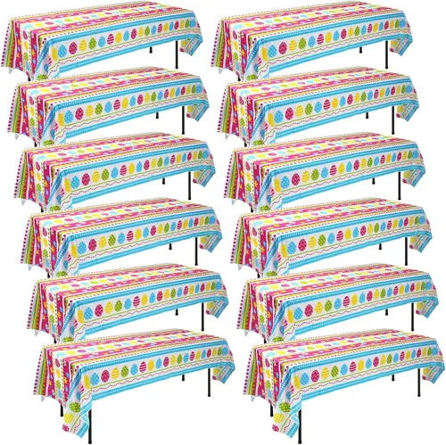 Vista 7 de Oudain 6 manteles de fiesta de Pascua a granel, cubierta de mesa de huevos de Pascua de plástico desechable, mantel de conejo colorido