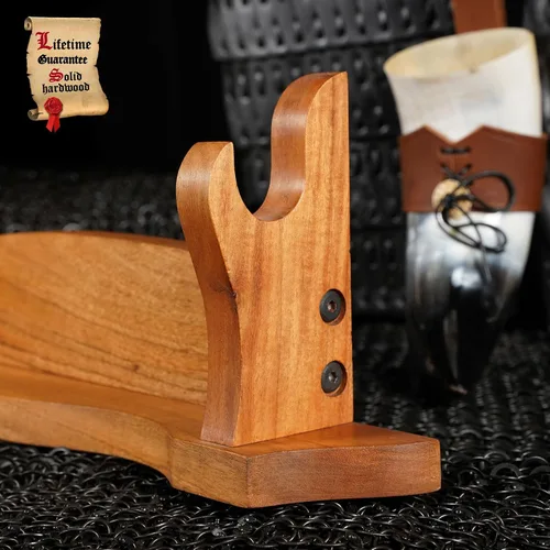 Vista 4 de Mythrojan Soporte de espada medieval de madera maciza horizontal para katana, samurái, gladiador, espadas cruzadas, soporte de mesa elegante, 1 nivel
