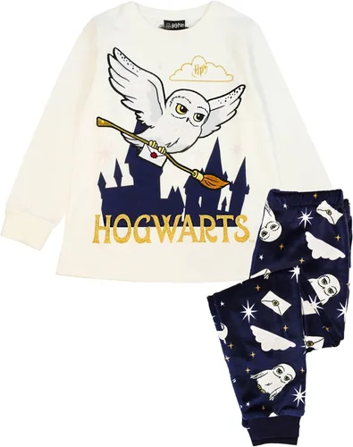 Vista 3 de Harry Potter Pijama Hedwig de manga larga y pantalones de forro polar para niñas, Marfil