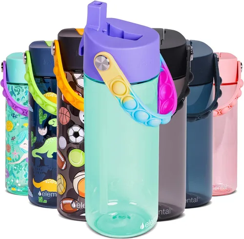 Vista 40 de Elemental Botellas de agua para niños – Botella de agua para niños Splash para la escuela con mango Pop-it – Botella de agua de plástico Tritan sin