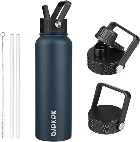 Vista 58 de BJPKPK Botellas de Agua Aisladas con Tapa de Pajita, Botella de Agua de Acero Inoxidable de 18oz, Termo Frío Caliente con 3 Tapas, Vaso de Viaje a