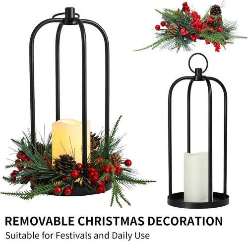 Vista 4 de Farol de Metal Navideño de 15" Faroles de Decoración Navideña para Exteriores con Vela LED Sin Llama Soporte Colgante, Farol Colgante Decorativo