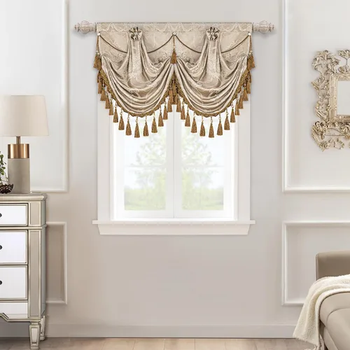 Vista 3 de Loom and Mill Cenefas de cascada de lujo para ventanas de 39 pulgadas de ancho, dorado y arena Elegantes cenefas de cortinas jacquard con borlas